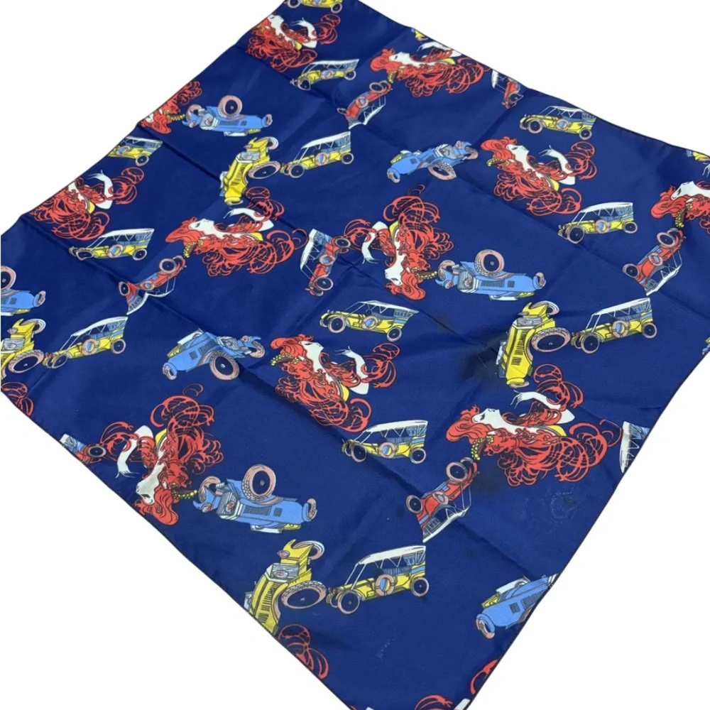blue silk head scarf antique red and yellow cars and red-haired women